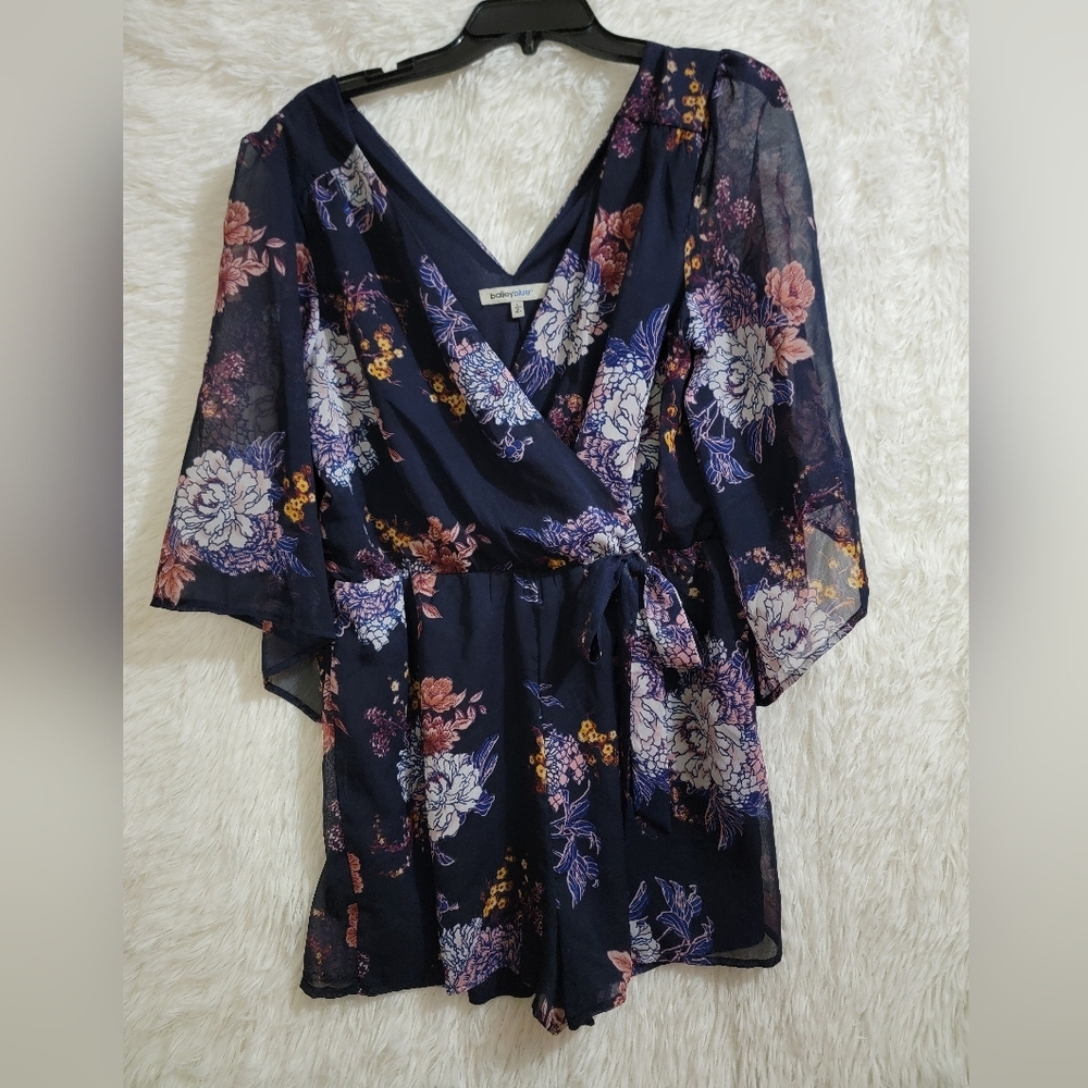 Bailey Blue Womens Pretty Floral Jumpsuit Navy and Pink Mid Flare Sleeve Size L